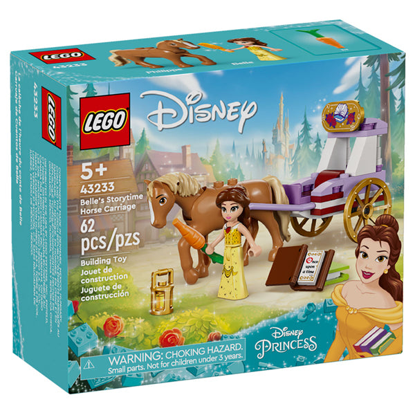 LEGO Disney Princess Belles Storytime Horse Carriage 43233 features Belle, a horse, and a carriage. With 62 pieces and for ages 5+, its perfect for LEGO fans who love princess adventures and includes collectible rings!.
